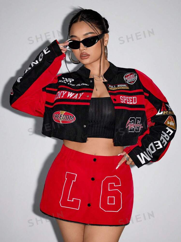 SHEIN ICON Plus Size Motorcycle Sporty Varsity Loose Drop Shoulder Jacket - Detachable | SHEIN