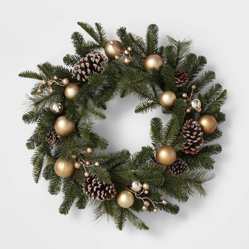 28" Flocked Mixed Greenery Artificial Christmas Wreath with Gold Ornaments & Berries - Wondershop... | Target