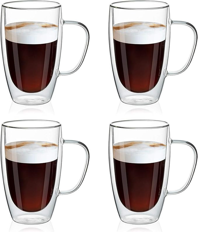 MEWAY 16oz/4 pack Coffee Mugs,Thickened Clear Glass Double Wall Cup with handle for Coffee, Tea, ... | Amazon (US)