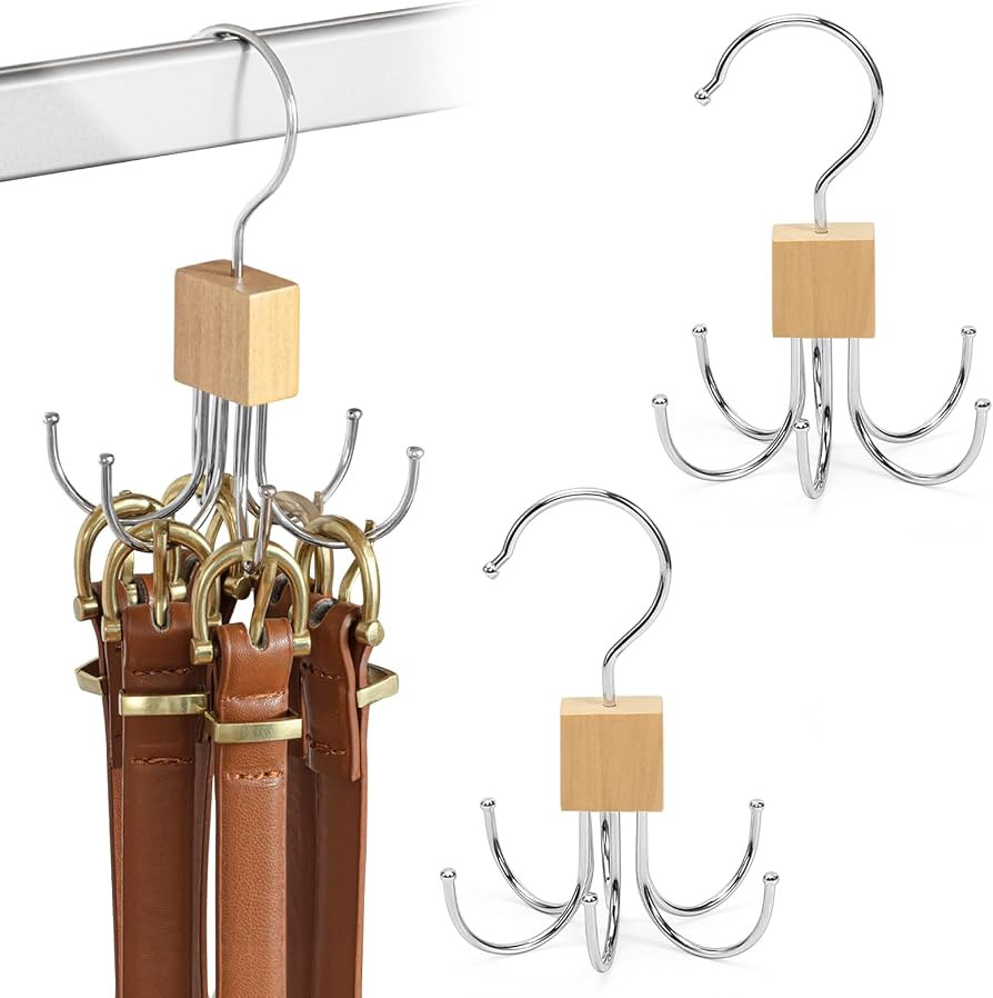 2Pcs Belt Hanger for Wardrobe Closet,Wooden 360\u00b0Rotatable Belt Organizer Holder with 6 Hooks... | Amazon (UK)