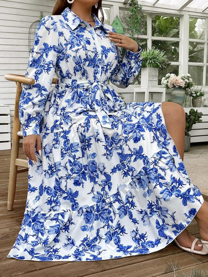 Celure Plus Size Women Holiday Style Floral Print Shirt Style Long Sleeve Loose Dress Maxi Women Outfit | SHEIN