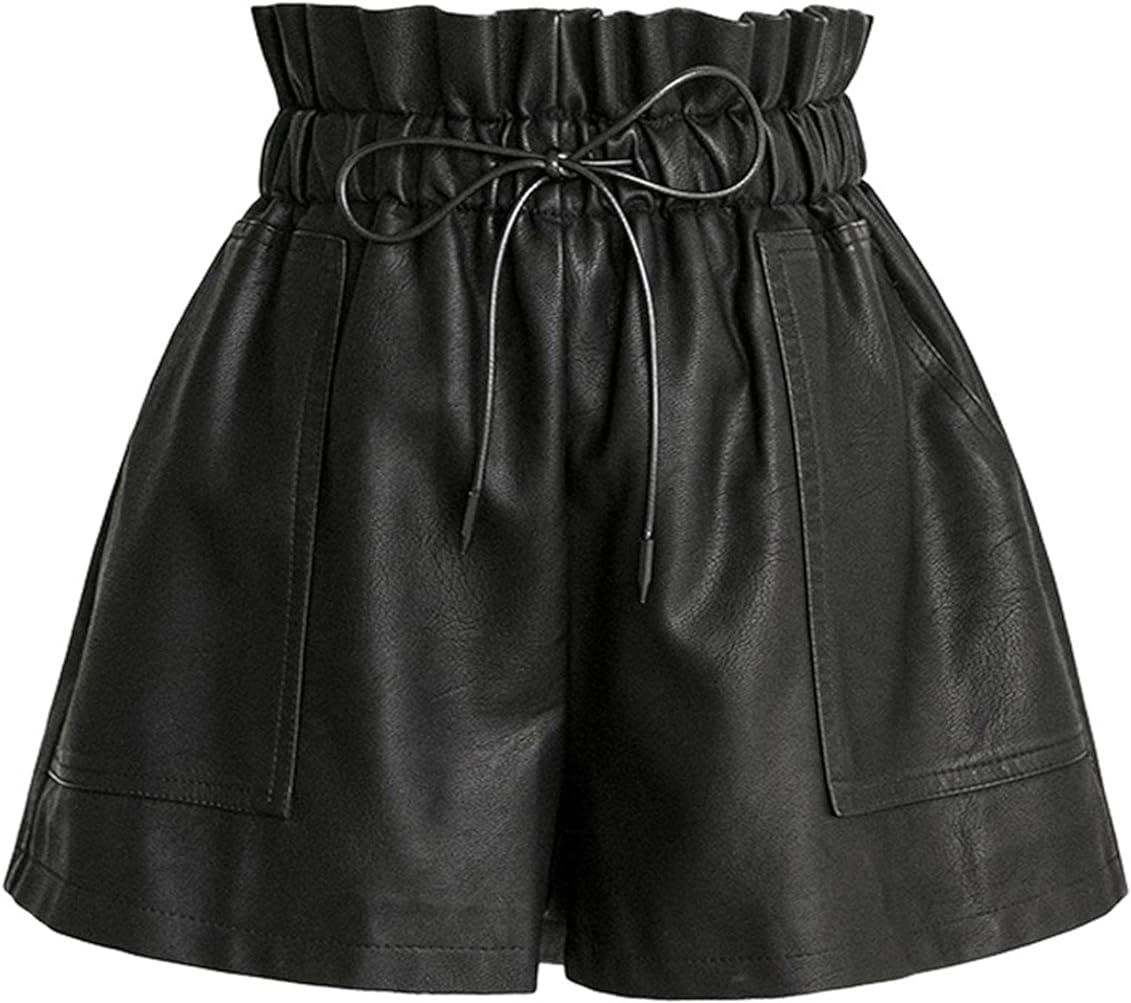 DALLNS Women Black Stretchy High Waisted Shorts Faux Leather Paper Bag Shorts with Pockets | Amazon (US)