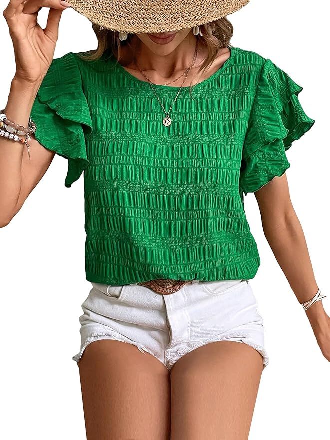 Milumia Women's Textured Ruffle Short Sleeve Blouse Summer Crew Neck Tops | Amazon (US)