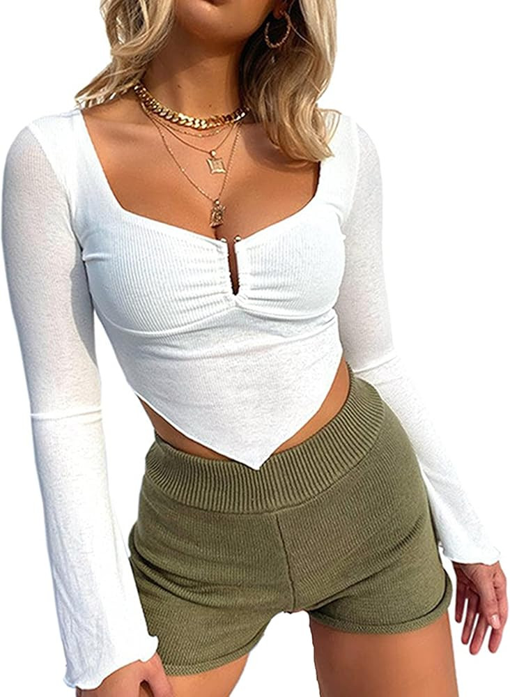 Avanova Women's Long Sleeve Knit Ribbed Crop Top Ruched Front Square Neck Asymmetrical Hem Tees S... | Amazon (US)