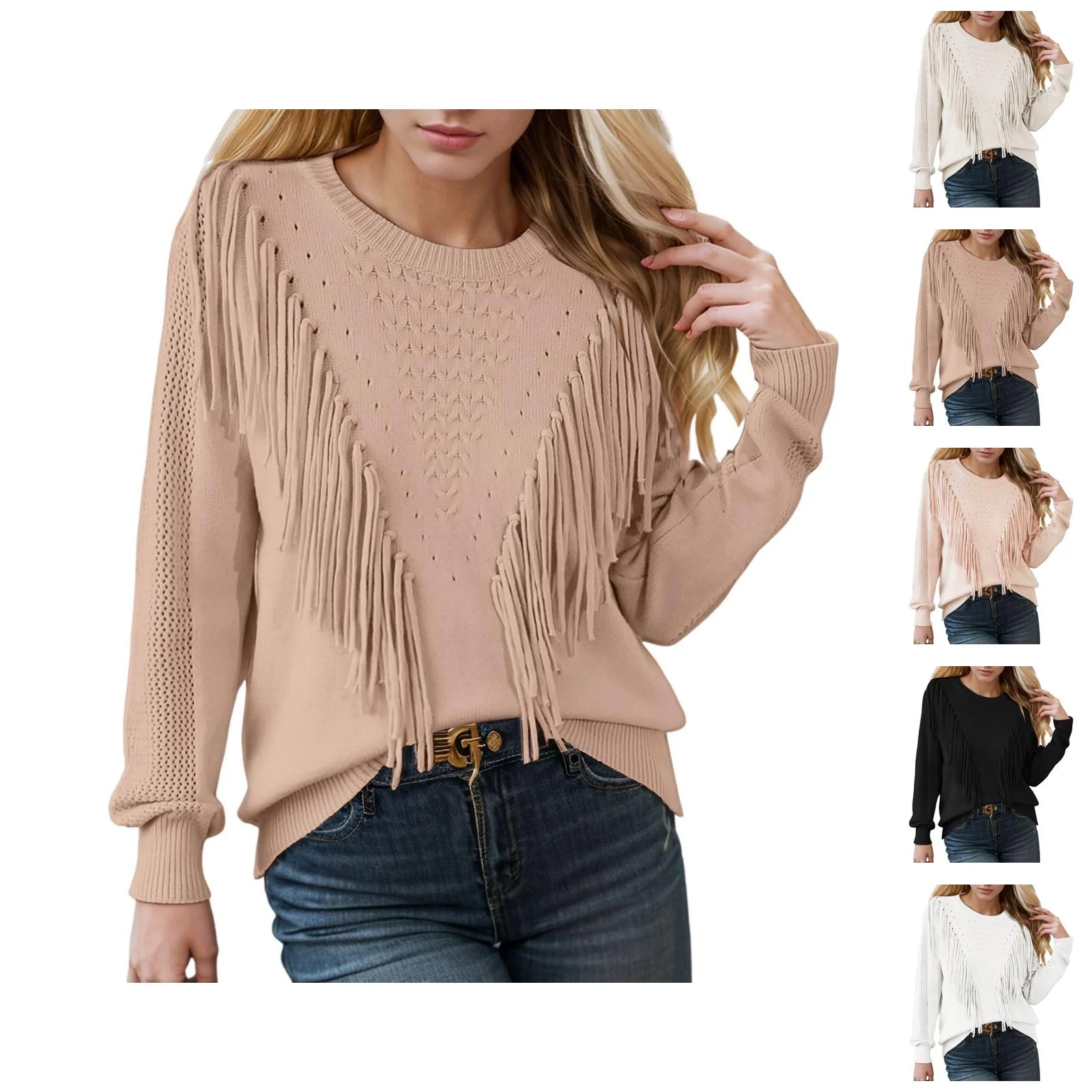 Sweaters for Women 2025 Casual Crewneck Fringe Tassel Knitted Sweater Jumper Tops Womens Pullover... | Walmart (US)