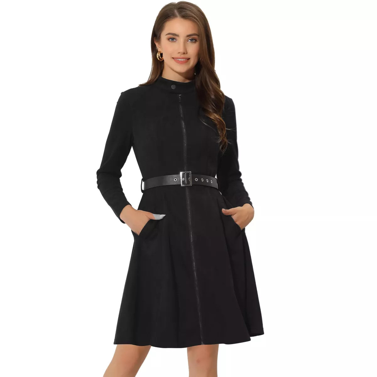 Allegra K Women's Faux Suede Stand Collar Zip-Up Belted Vintage Dresses | Target