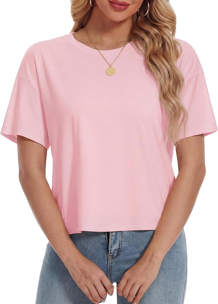 YUCOLEN Women's Crop Tops Summer Short Sleeve Cotton UPF 50+ Round Neck Casual Loose Cropped T-Sh... | Amazon (US)