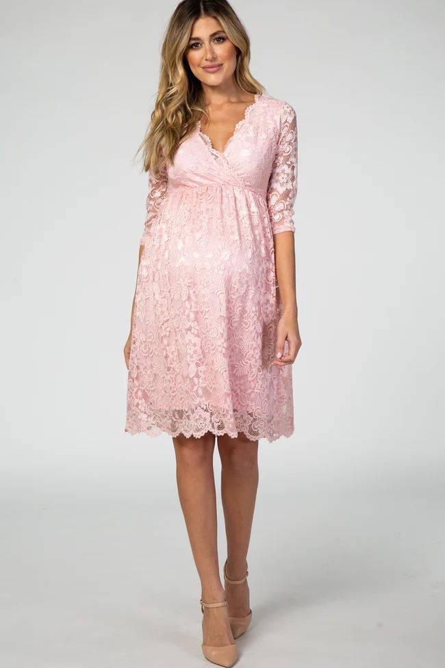 Light Pink 3/4 Sleeve Floral Lace Maternity Nursing Dress | PinkBlush Maternity