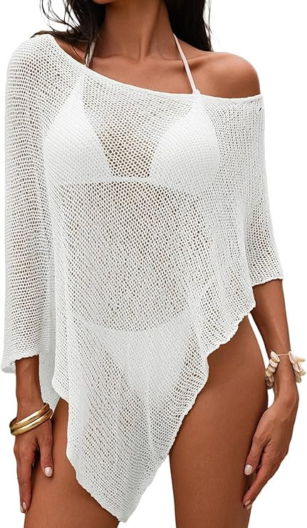 Herseas Women Sheer Bathing Suit Cover Up Crochet Knit Mesh Poncho Top Off The Shoulder Shrug Loo... | Amazon (US)