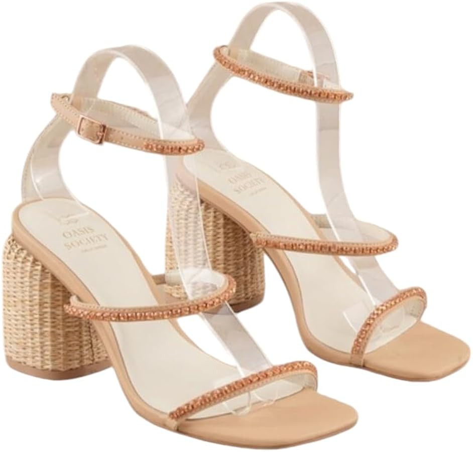 Women's Platform Heel Sandals Wicker Rhinestones Pumps Square Open Toed Sandals Square Chunky | Amazon (US)