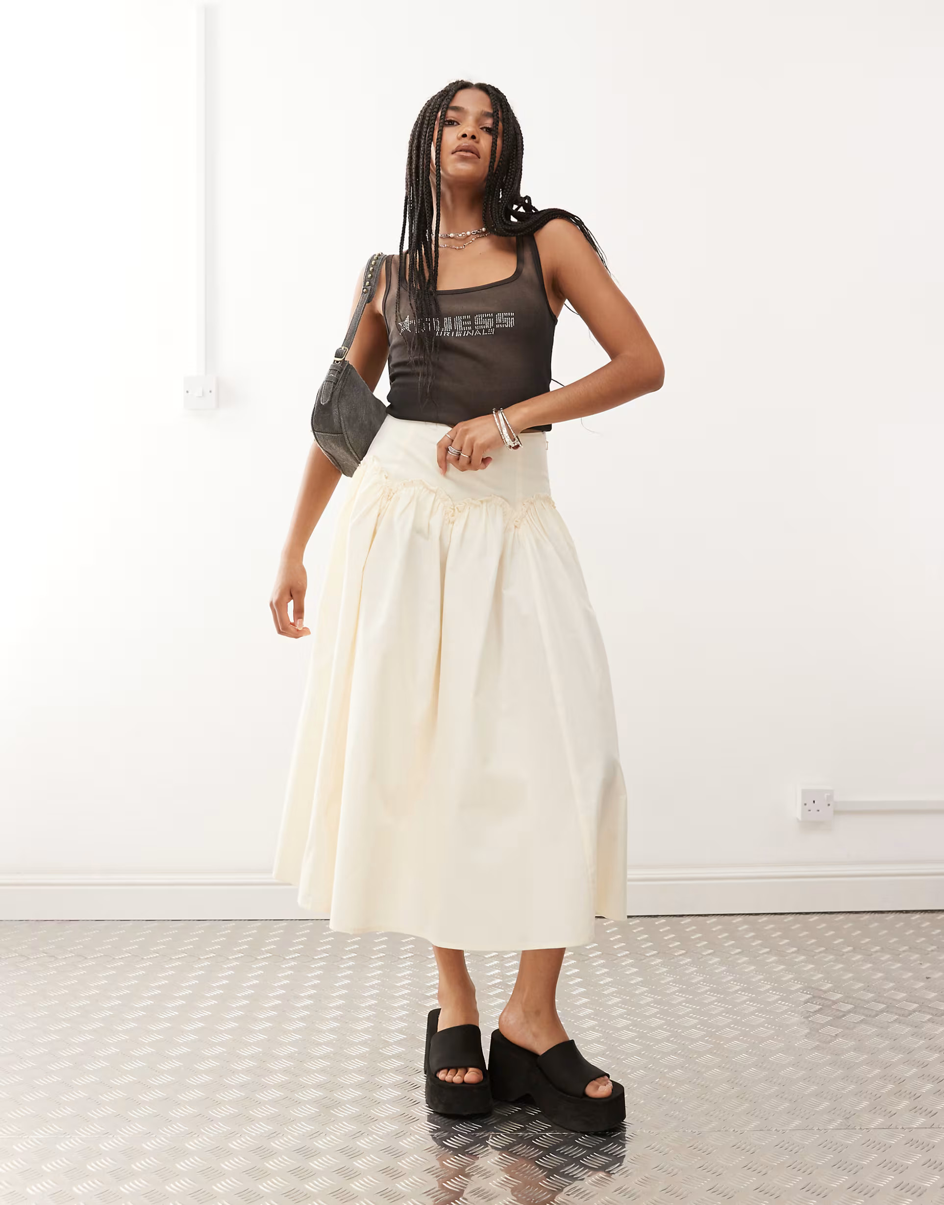 Reclaimed Vintage full midi skirt with dropped hem ruffle waist in cream | ASOS (Global)