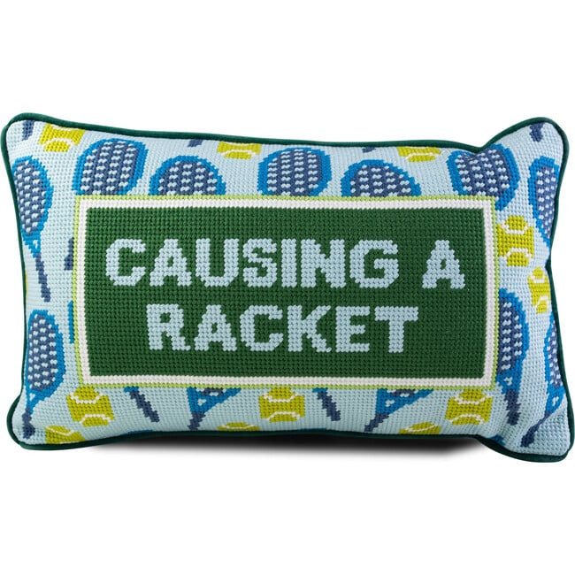 Furbish Studio | Causing A Racket Needlepoint Pillow, Green, Blue, Yellow Green | Maisonette | Maisonette
