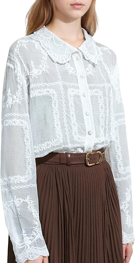 Women's Lace Embroidered Blouse - Elegant Long Sleeve Button-Down Shirt with Scalloped Edges (Col... | Amazon (US)