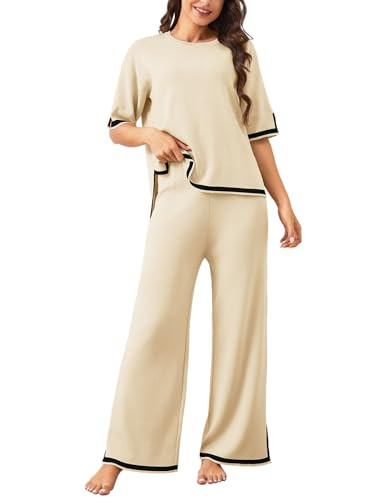 Jyanl Sweater Sets 2 Piece Outfits Women Knit Matching Lounge Sets Short Sleeve Top and Elastic Waisted Wide Leg Pants Tracksuits Beige | Amazon (US)