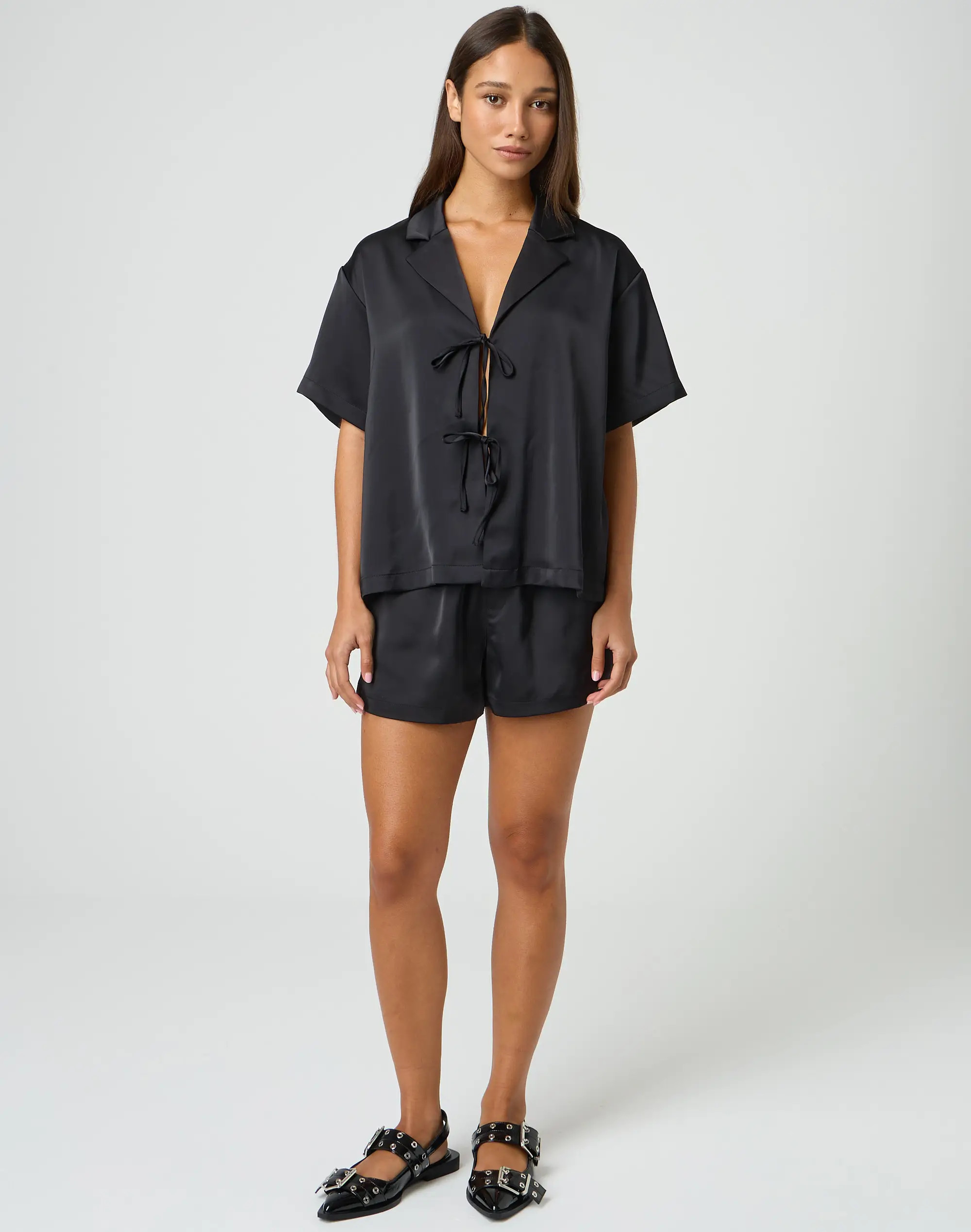 Satin Tie Front Short Sleeve Blouse | Glassons (Australia)