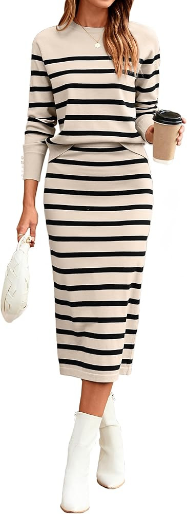 Glamaker 2 Piece Skirt Sets for Women 2025 Fall Fashion Striped Casual Sweater Dress Knit Lounge ... | Amazon (US)