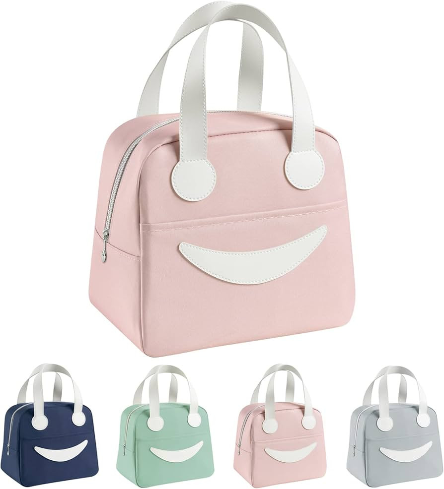 SineGux Cute Lunch Bag, Funny Smiley Reusable Lunch Tote Bag with PU Leather Handles, Insulated L... | Amazon (US)