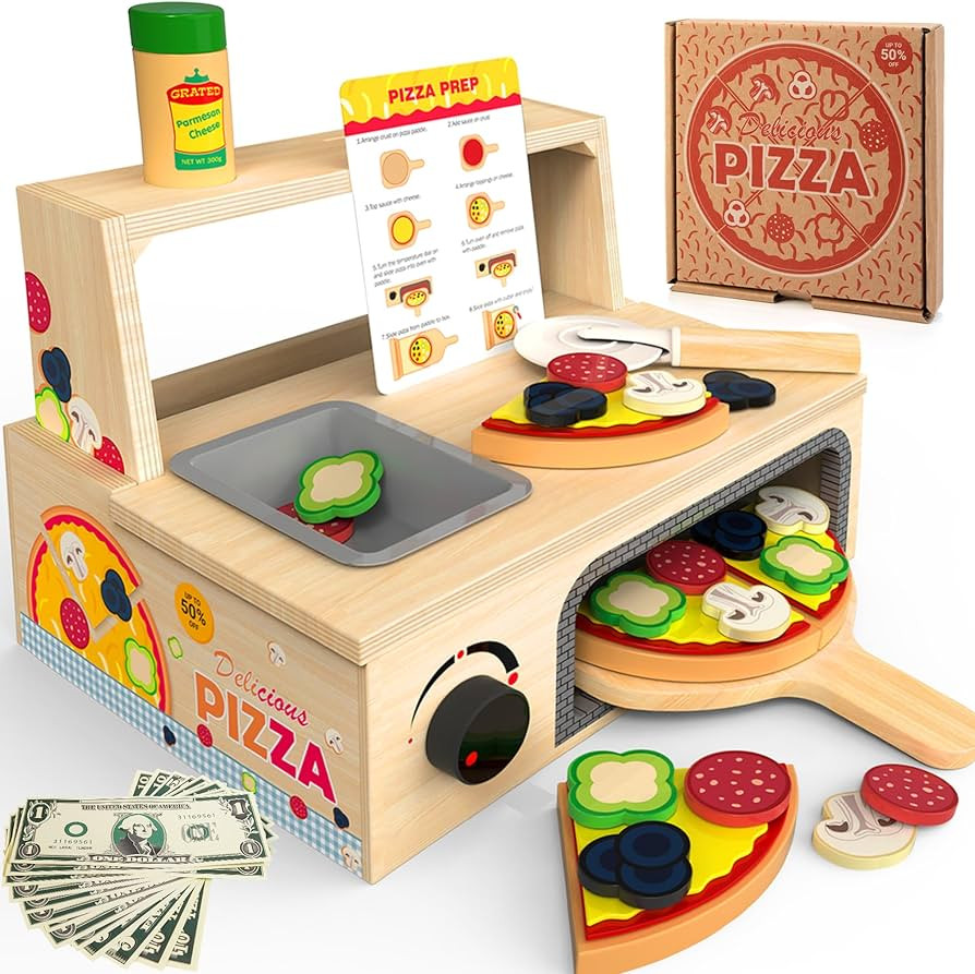 Wooden Pizza Toy - 48 PCS Montessori Pretend Play Food for Ages 3+, Educational Learning Toy Wood... | Amazon (US)