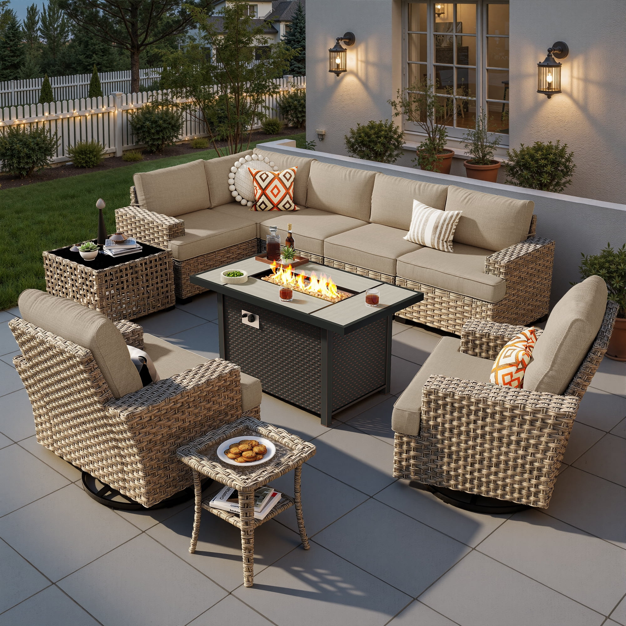 Ovios 10 Pieces Outdoor Patio Furniture Set with Fire Pit All-Weather Wicker Sectional with Swive... | Walmart (US)