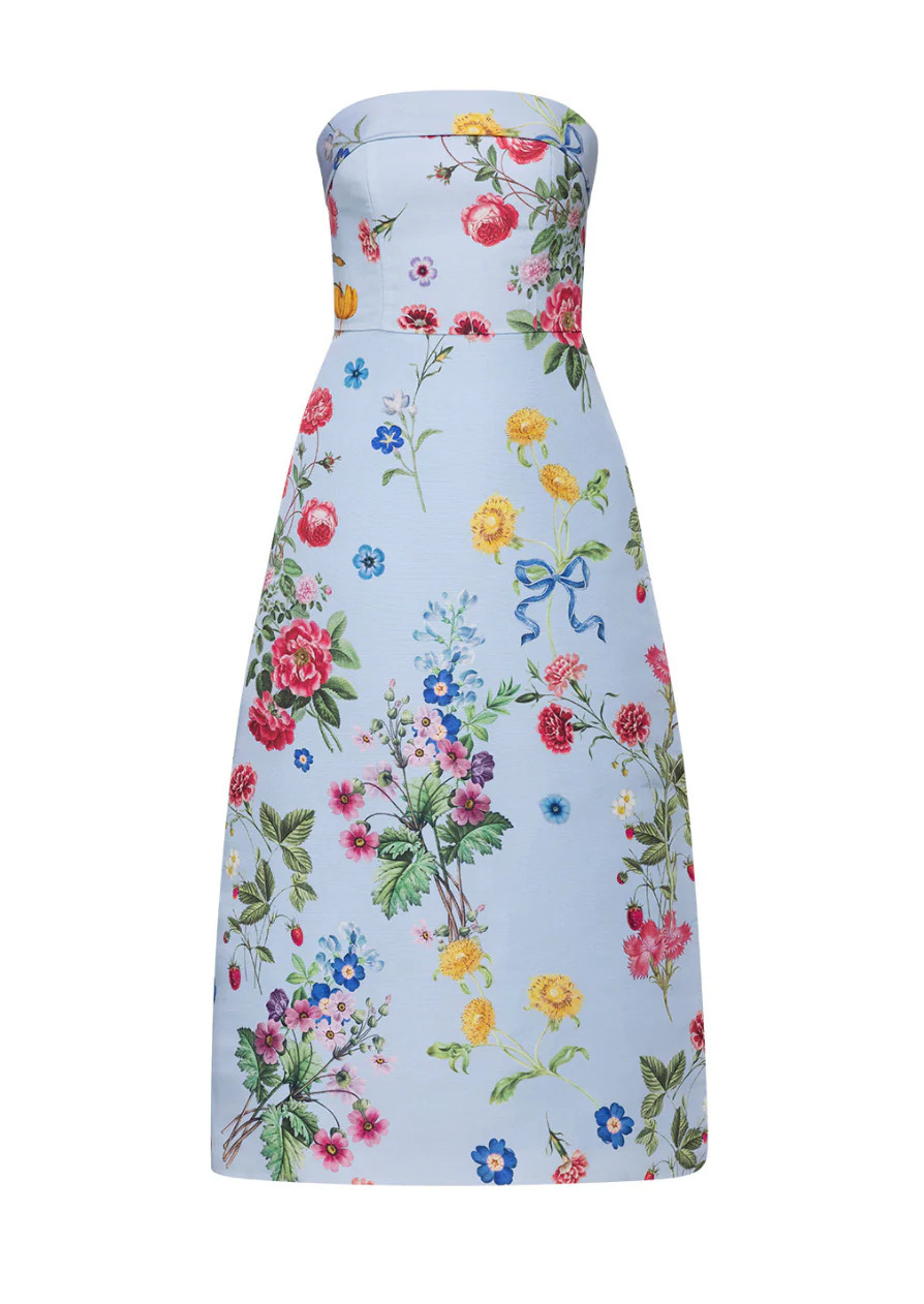 Lucie Sky Floral Silk Faille A-Line Midi Dress | Over The Moon Gift