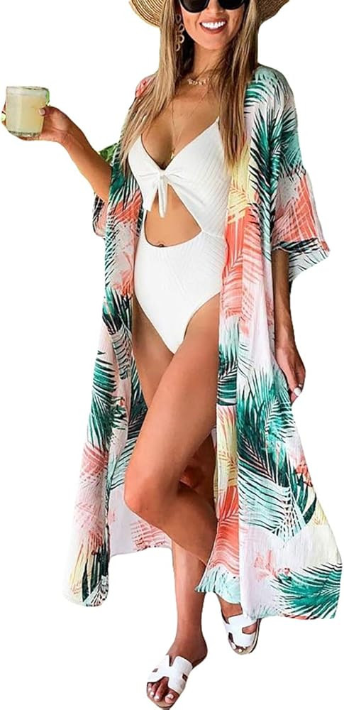 Eddoyee Print Beach Kimono Cardigans for Women Open Front Swimsuit Cover Up | Amazon (US)
