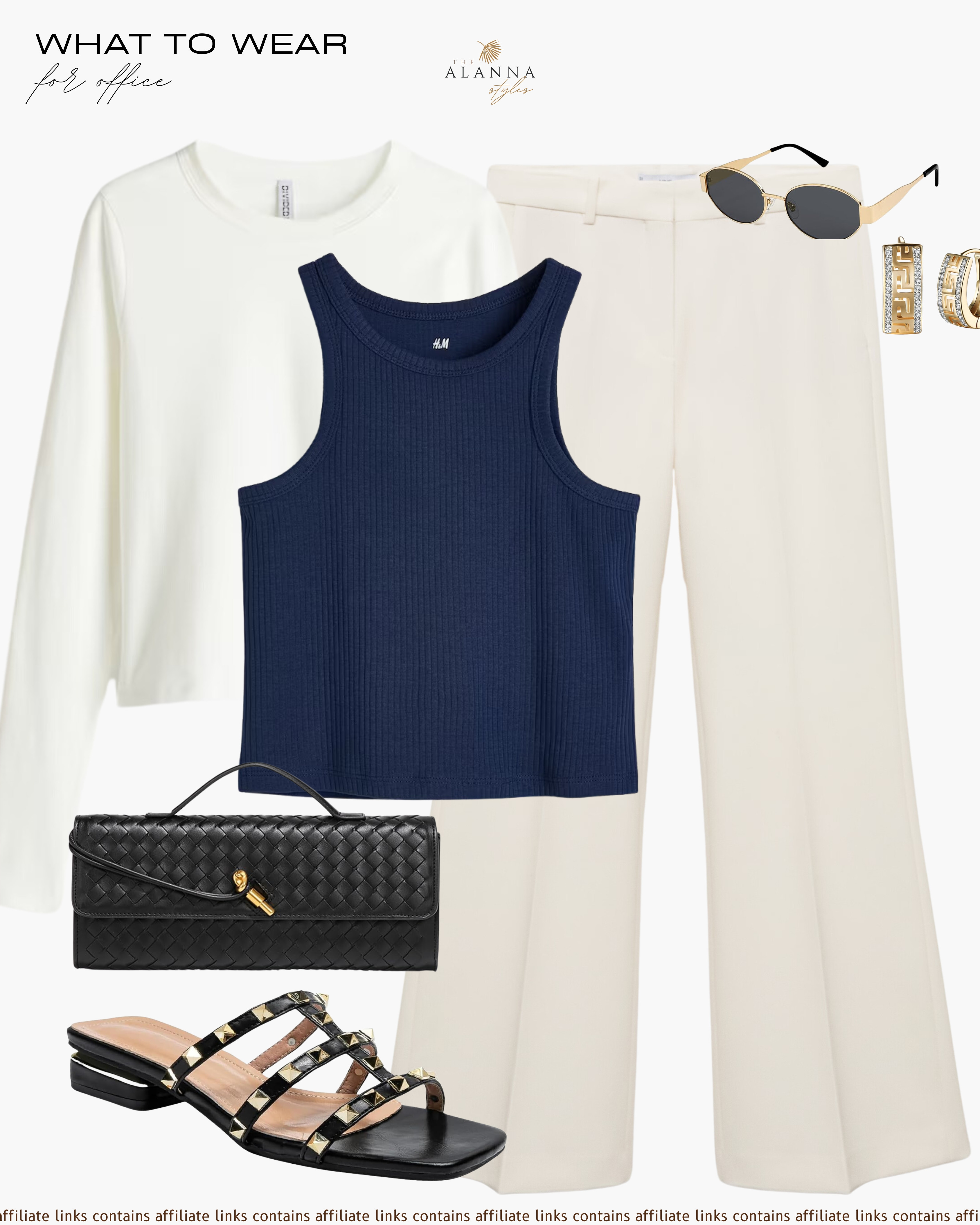 Basic office wear. Cream pants, white sweater, blue ribbed tank top, hoop earrings, sunglasses, handbag, and rockstud flats.

#LTKFall 

 #LTKFindsUnder100 #LTKStyleTip #LTKWorkwear