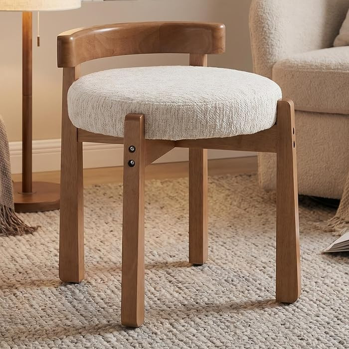 DUOMAY Beige Chenille Vanity Stool with Low Back, 18.75" Seat Height Upholstered Round Ottoman, S... | Amazon (US)