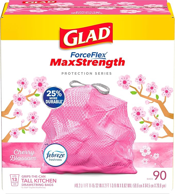 Glad ForceFlex MaxStrength Tall Kitchen Drawstring Trash Bags, 13 Gallon, Cherry Blossom with Feb... | Amazon (US)