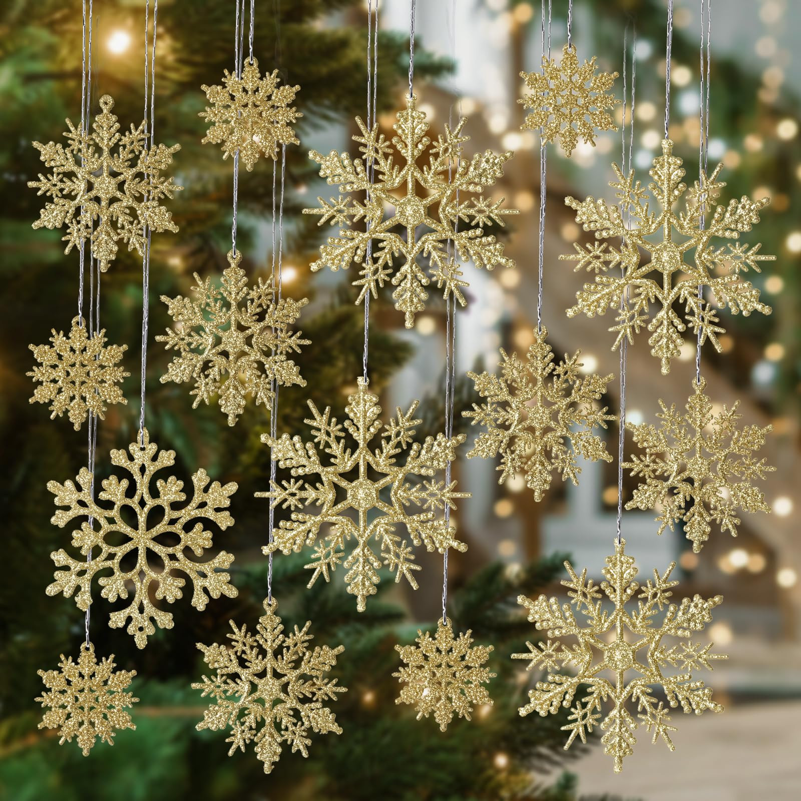 Shatterproof Gold Snowflake Ornaments for Christmas Tree Decor 36 Pack- Sparkling Plastic Hanging... | Amazon (US)