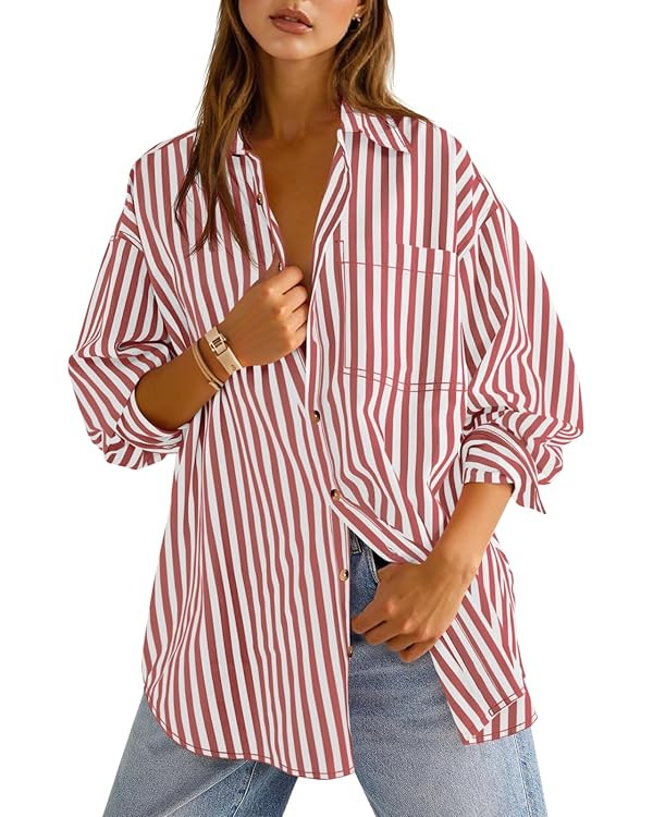 Cicy Bell Womens Oversized Striped Button Down Shirts Boyfriend Long Sleeve Collared Work Blouses | Amazon (US)