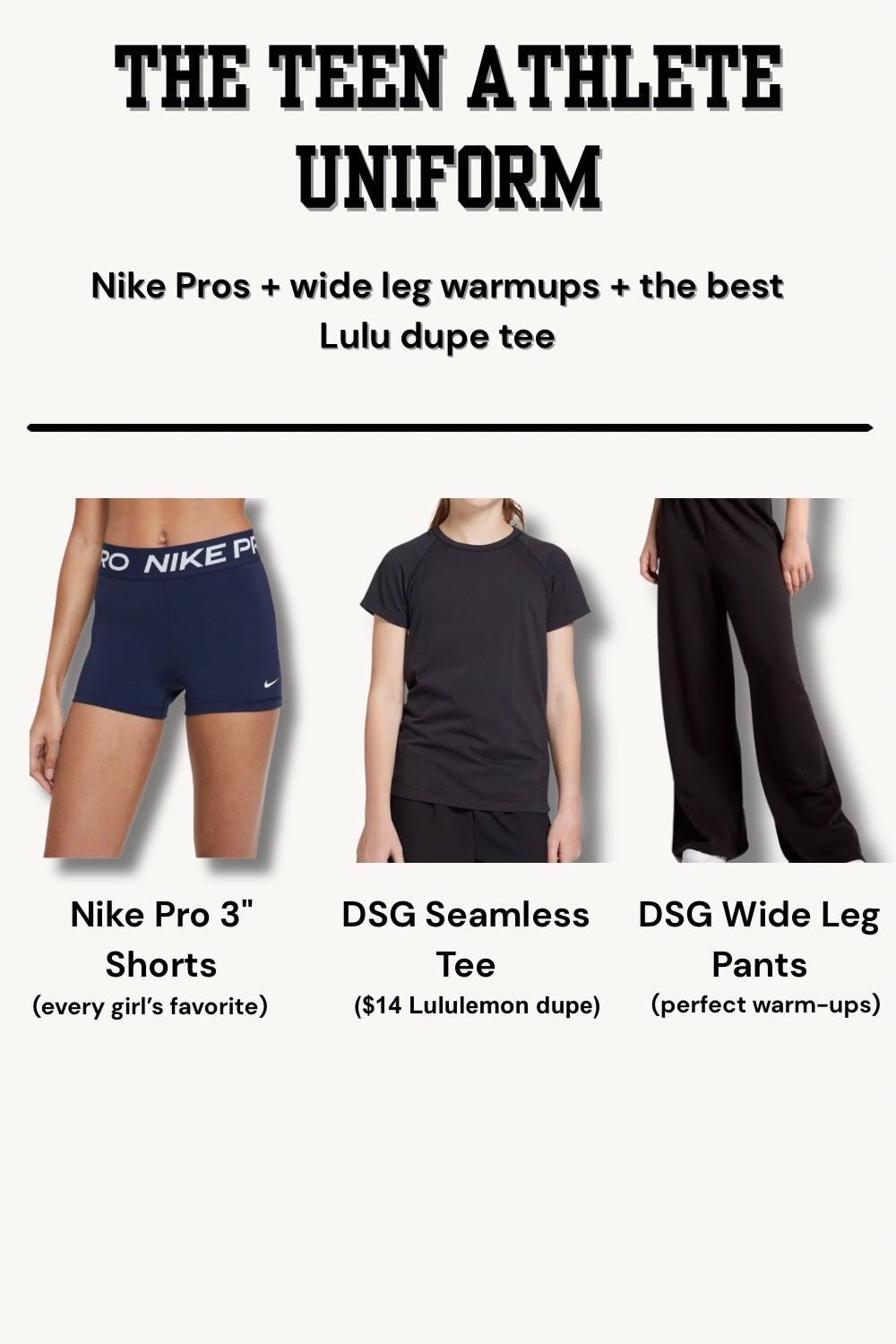 If you have a teen or tween athlete, you’ve probably seen this outfit everywhere.

My daughter lives in these for practices and even school days.

Nike Pro shorts
DSG seamless tee ($14 Lulu dupe)
DSG wide leg warm-up pants

She’s a women’s S in the Nike shorts and a women’s XS in the Old Navy tee. And a M in both DSG items.

Linking everything she wears.


#LTKmomlife #LTKKids #LTKActive