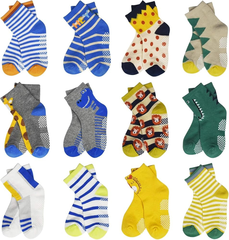 HYCLES Anti Slip Toddler Socks, 12 Pairs Non-Skid Cotton Grip Kid Socks for 1-7T Boy Girl 6-12 Mo... | Amazon (US)