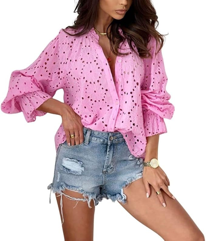 chouyatou Women's Boho Crochet Shirts Lantern Sleeve Button Down Lace Eyelet Blouse Tops | Amazon (US)