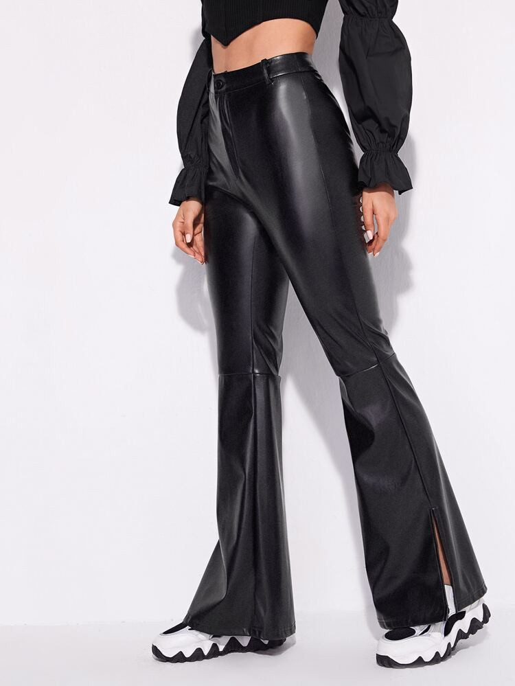 SHEIN High Waist PU Leather Flare Leg Slit Hem Pants | SHEIN