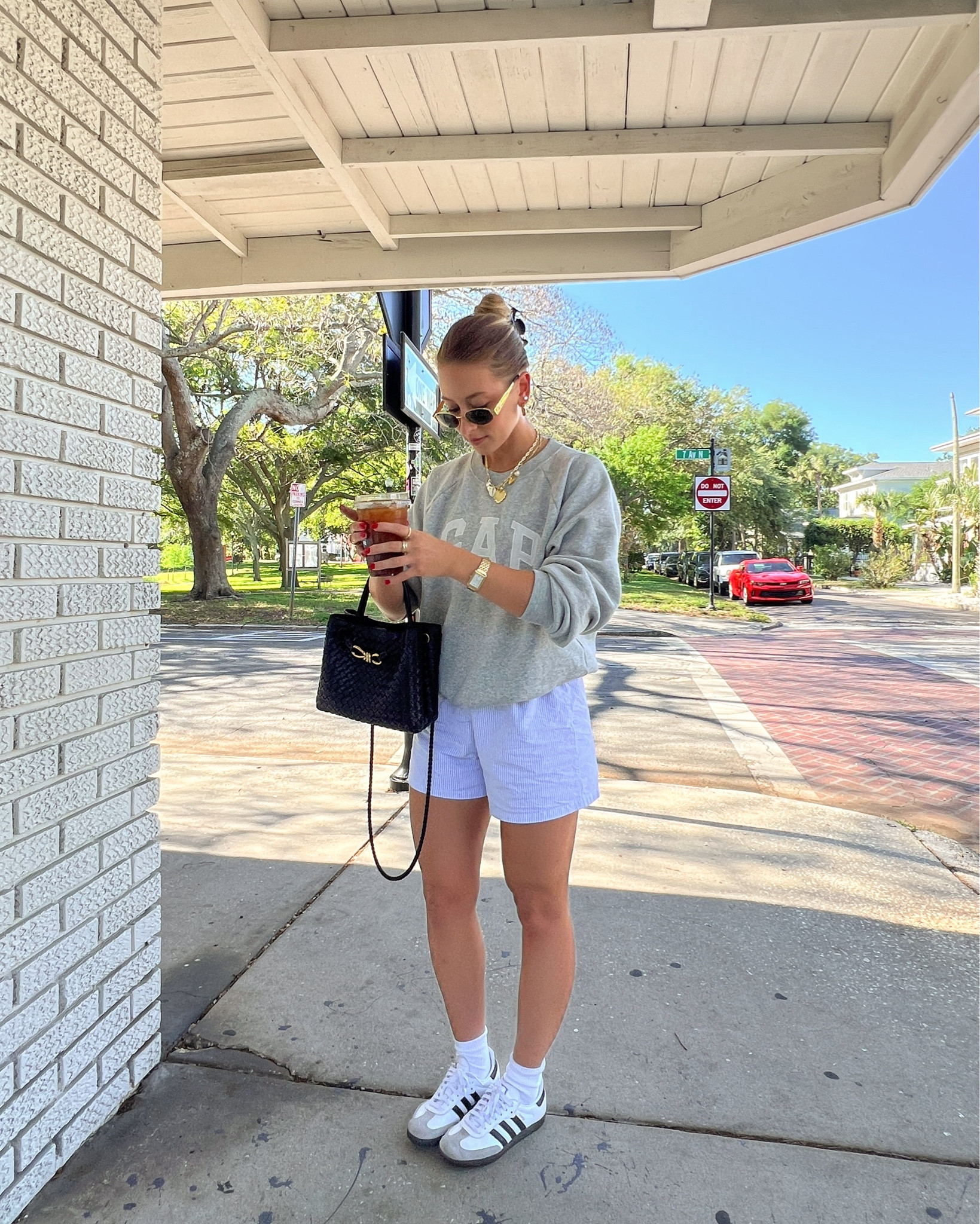 4/6/24 Casual & comfy Saturday outfit 🫶🏼 Comfy spring style, comfy spring outfits, comfy casual outfits, gap sweatshirt, grey gap sweatshirt, boxer shorts, boxer shorts outfit, boxer shorts outfit for women, Adidas samba sneakers, Adidas samba sneakers outfit