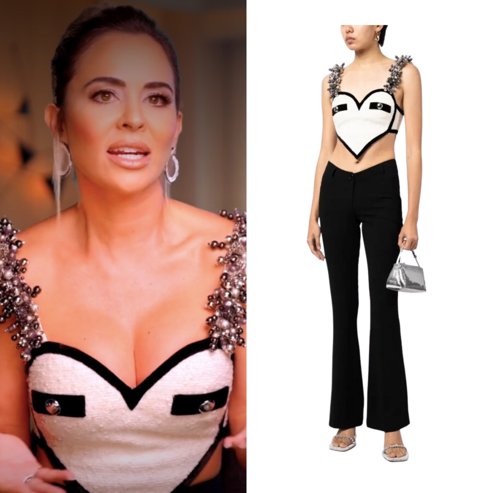 Nicole Martin’s Black and White Heart Beaded Strap Confessional Top