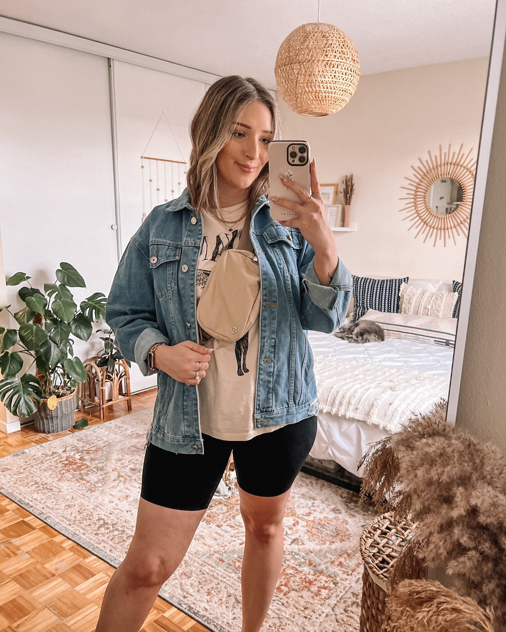 Casual early fall outfit - Amazon denim jacket (M), biker shorts (L), lululemon belt bag, oversized graphic tee (M) 

Midsize fashion, fall transition outfits


#LTKSeasonal #LTKmidsize #LTKstyletip
