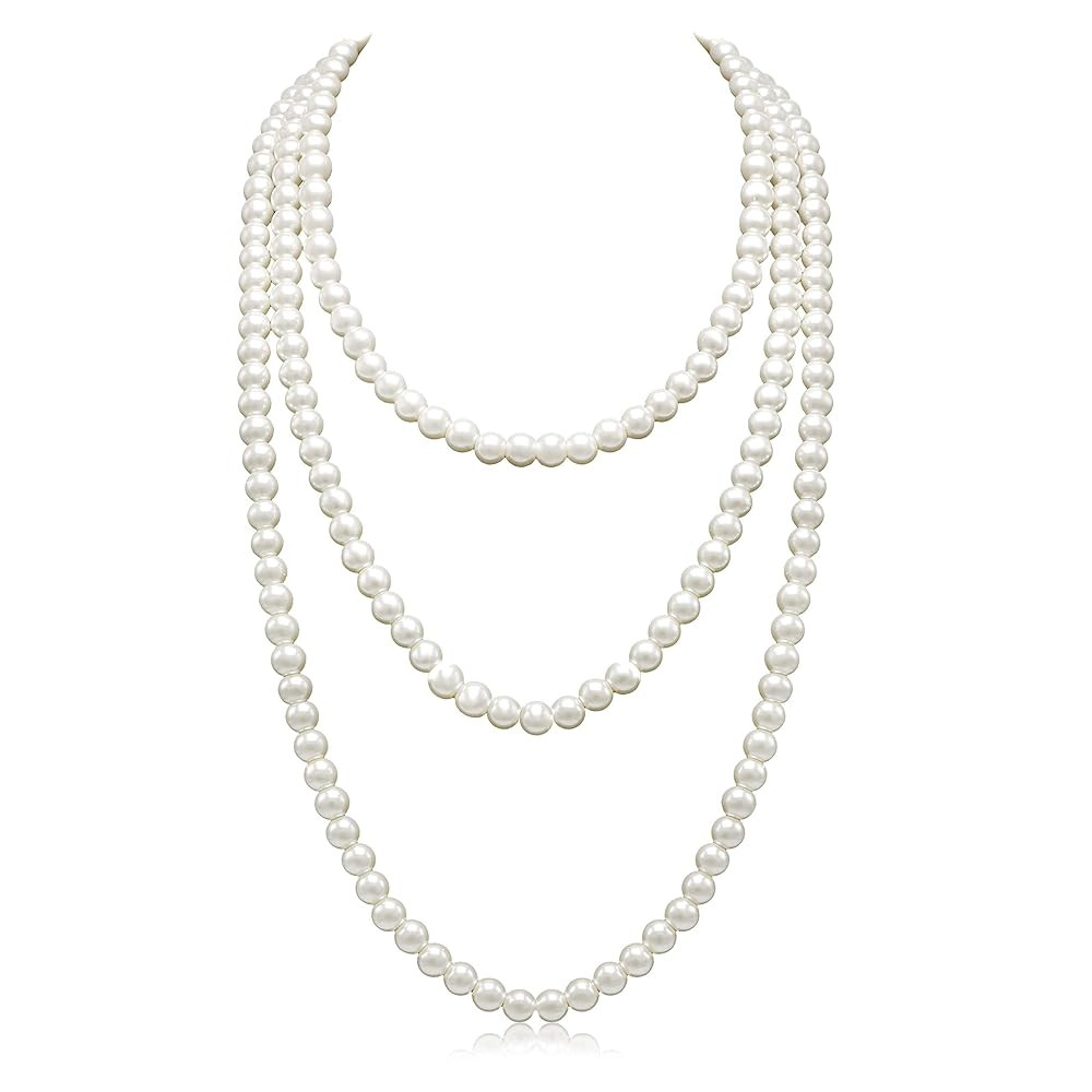 Long Pearl Necklaces for Women Cream White Faux Pearl Strand Layered Necklace Costume Jewelry | Amazon (US)
