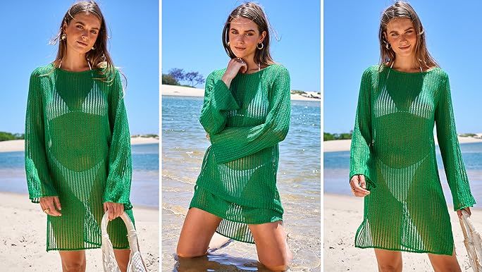 ANRABESS Women's Swimsuit Coverup Summer Long Sleeve Crochet Mini Knit Side Split Swim Bathing Su... | Amazon (US)