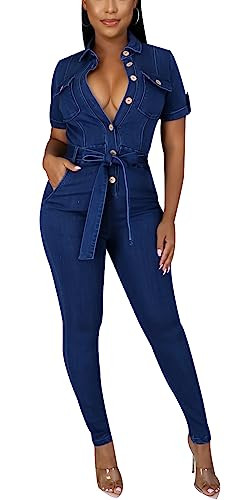 BestGirl Jean Jumpsuits for Women Casual One Piece Zip Up Short Sleeve Jeans Playsuit Overalls | Amazon (US)