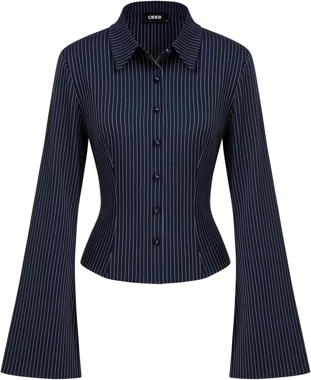 CIDER Long Sleeve Shirts for Women Striped Blouse Cinched Waist Bell Sleeve Collar Shirt Office W... | Amazon (US)