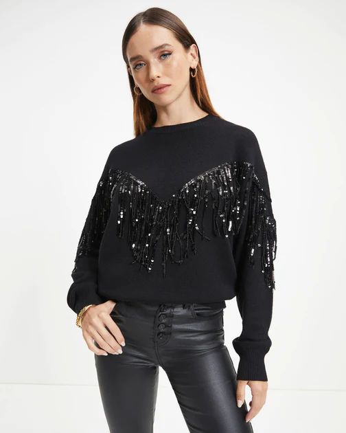 Western Glam Knit Fringe Sequin Pullover Sweater - Black | VICI Collection