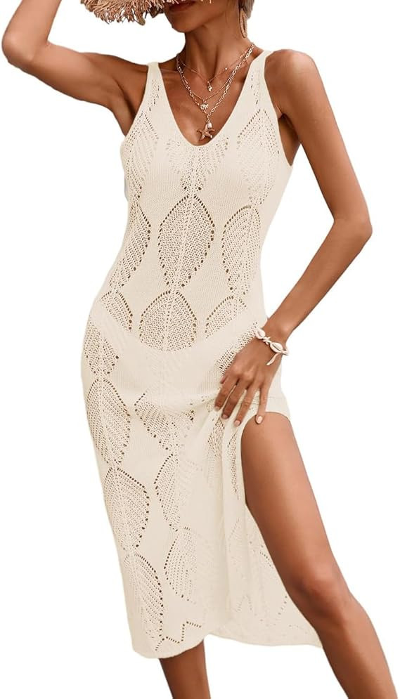 Womens Crochet Leaf Knit Beach Dresses Summer 2025 Backless V Neck Side Slit Bathing Suit Cover U... | Amazon (US)