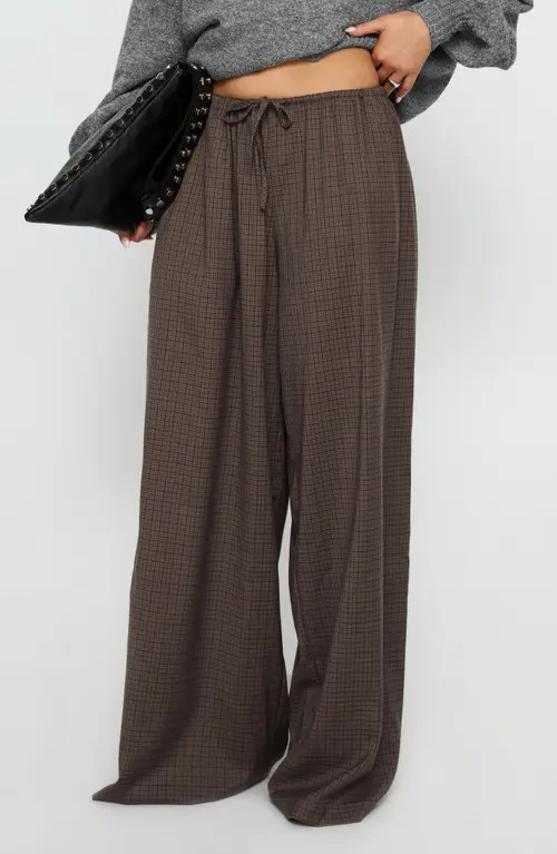 Princess Polly Bungala Drawstring Wide Leg Pants in Brown Check at Nordstrom, Size 0 | Nordstrom