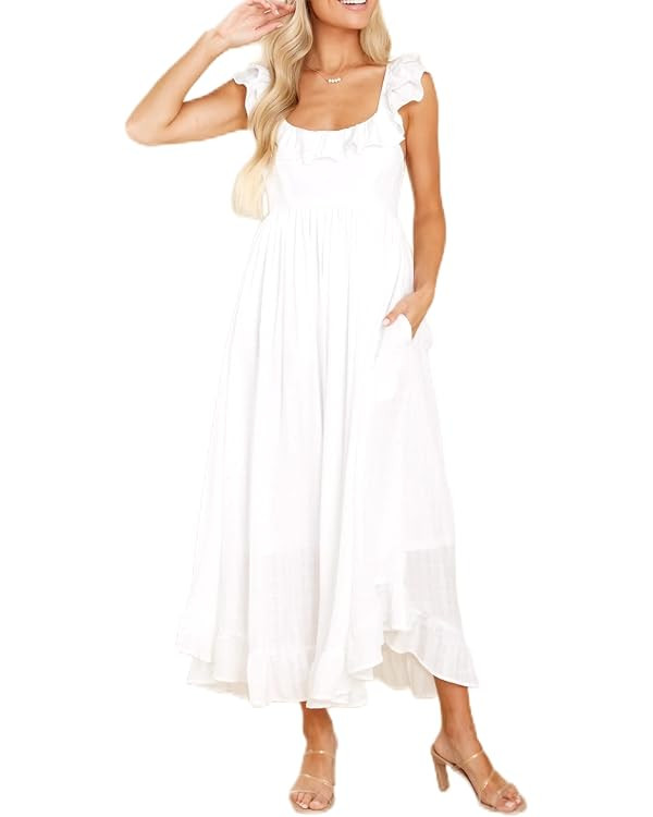 R.Vivimos Summer Dress for Women Sleeveless Boho Ruffle Square Neck Tie Back Casual Backless Flow... | Amazon (US)