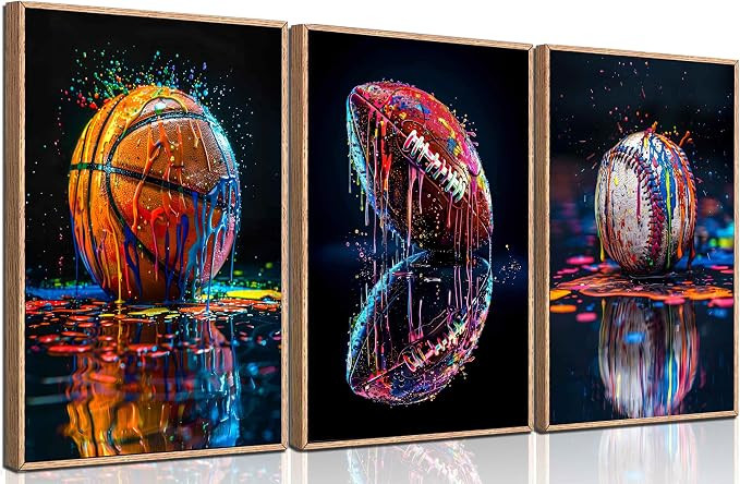 3Pcs Graffiti Sports Canvas Wall Art Boys Room Rustic Football Baseball Rugby Wall Decor Picture ... | Amazon (US)