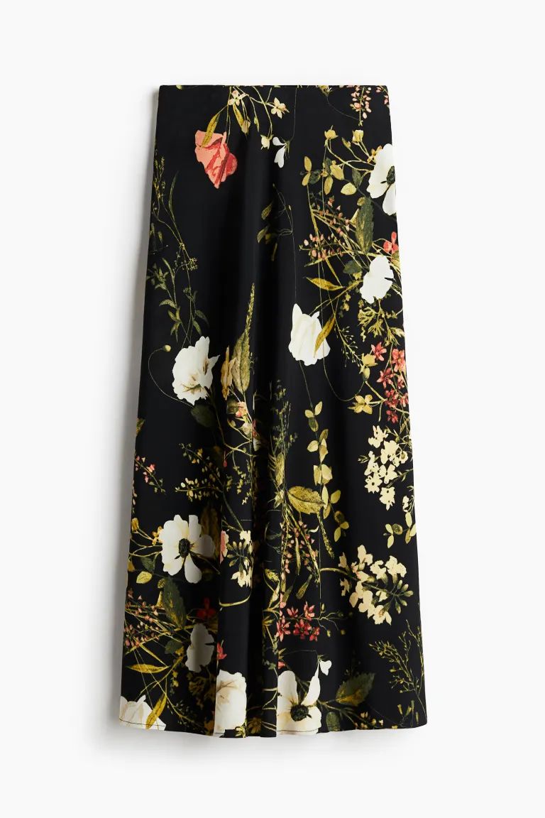 Crêped Viscose Skirt - High waist - Midi - Black/floral - Ladies | H&M US | H&M (US + CA)