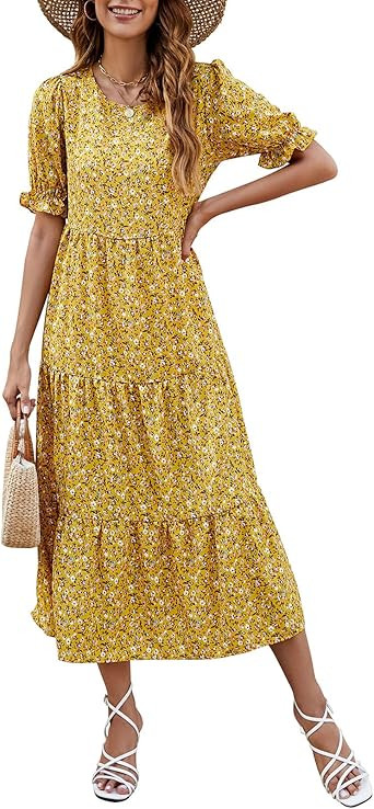 Naggoo Women's Summer Casual Boho Dress Floral Print Short Puff Sleeve Midi Beach Dresses | Amazon (US)