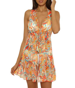 Phuket Chiffon Paisley Open Front Tie Tassel Tunic Swim Cover-Up | Dillard's