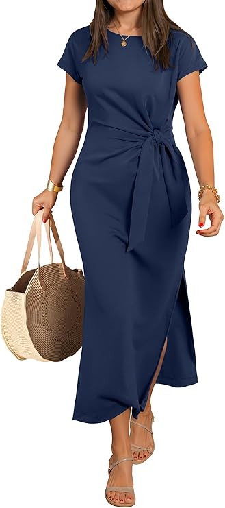 ANRABESS Womens Summer Maxi Dress Casual Crew Neck Tie Waist Split Wrinkle-Free Fit Long Fashion ... | Amazon (US)